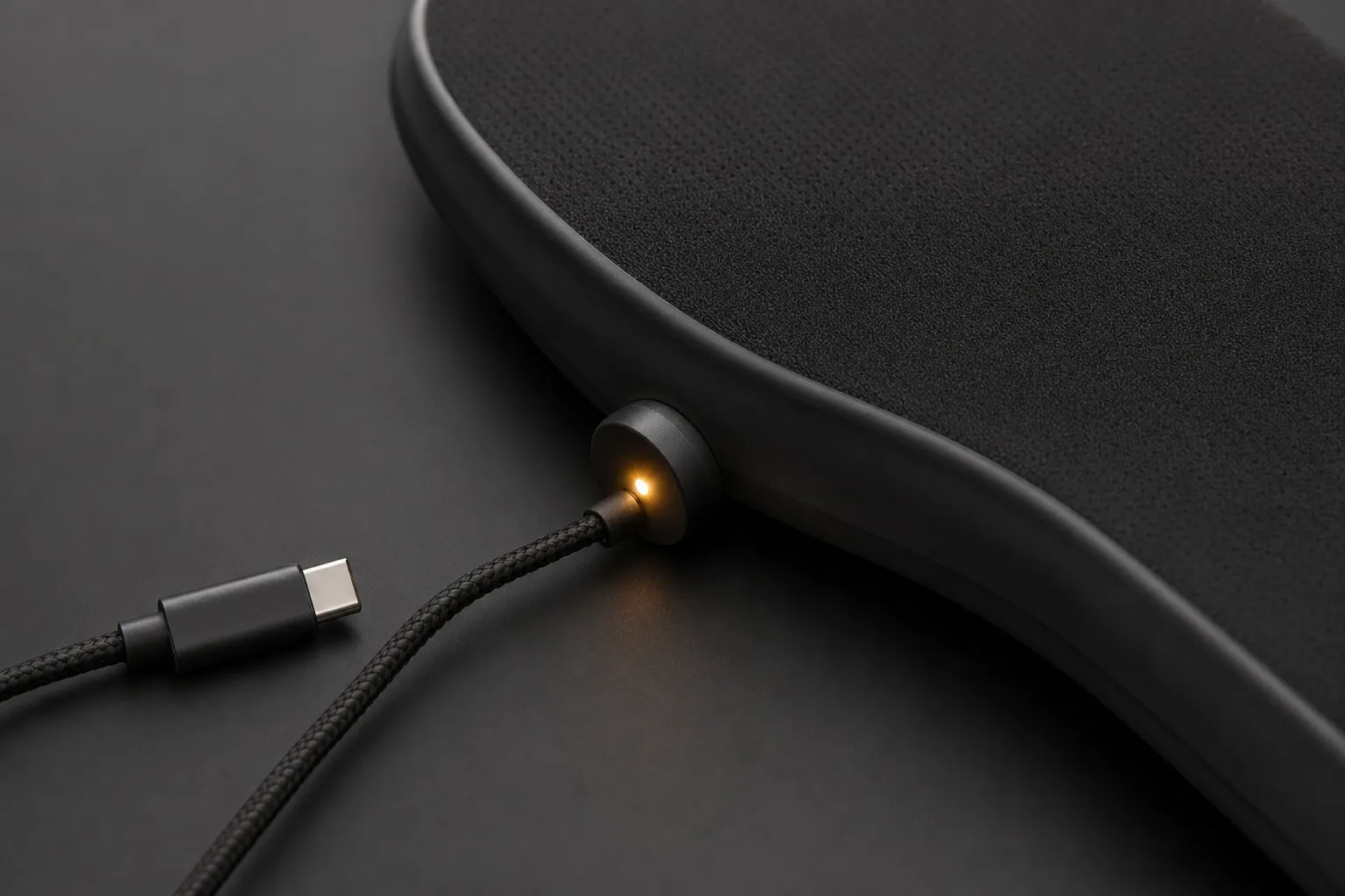 Close-up of the Nexmove USB-C magnetic charging cable connecting to the insole's heel charging point