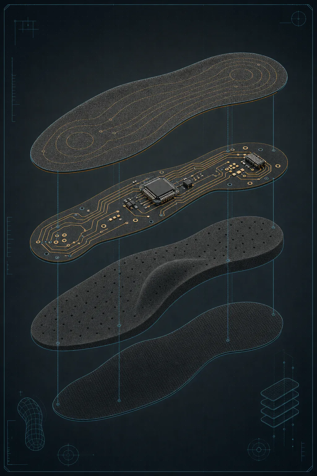 Exploded technical diagram of the Nexmove insole showing conductive fabric electrode layer, flexible PCBA circuit layer, cushioning layer, and base insulation layer