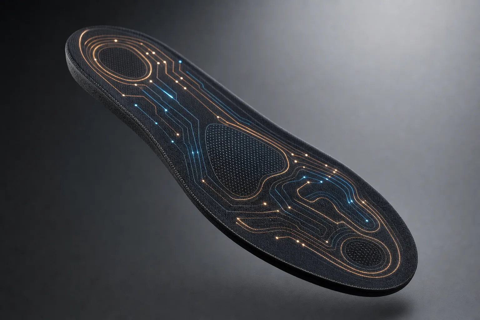 Nexmove smart insole with embedded conductive circuit tracing along foot reflex zones, glowing amber and cyan
