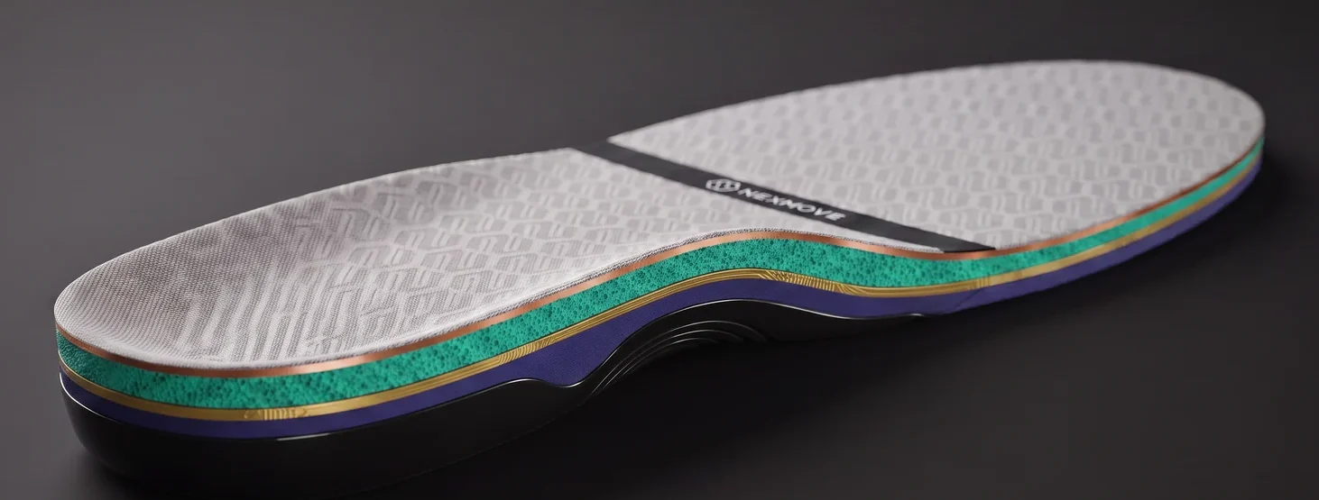 Colour-coded cross-section of the Nexmove insole edge showing each of the six layers in a distinct colour: silver woven conductive fabric, copper conductive film, teal breathable foam, gold electronics band, indigo moulded PU board, and the black TPU base cap under the heel and arch