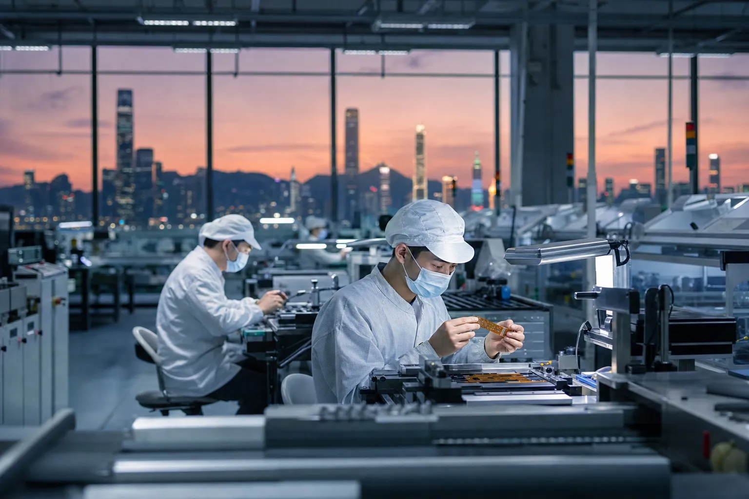 Precision electronics manufacturing floor with clean-room technicians assembling flexible circuit boards, Greater Bay Area skyline visible through factory windows at dusk