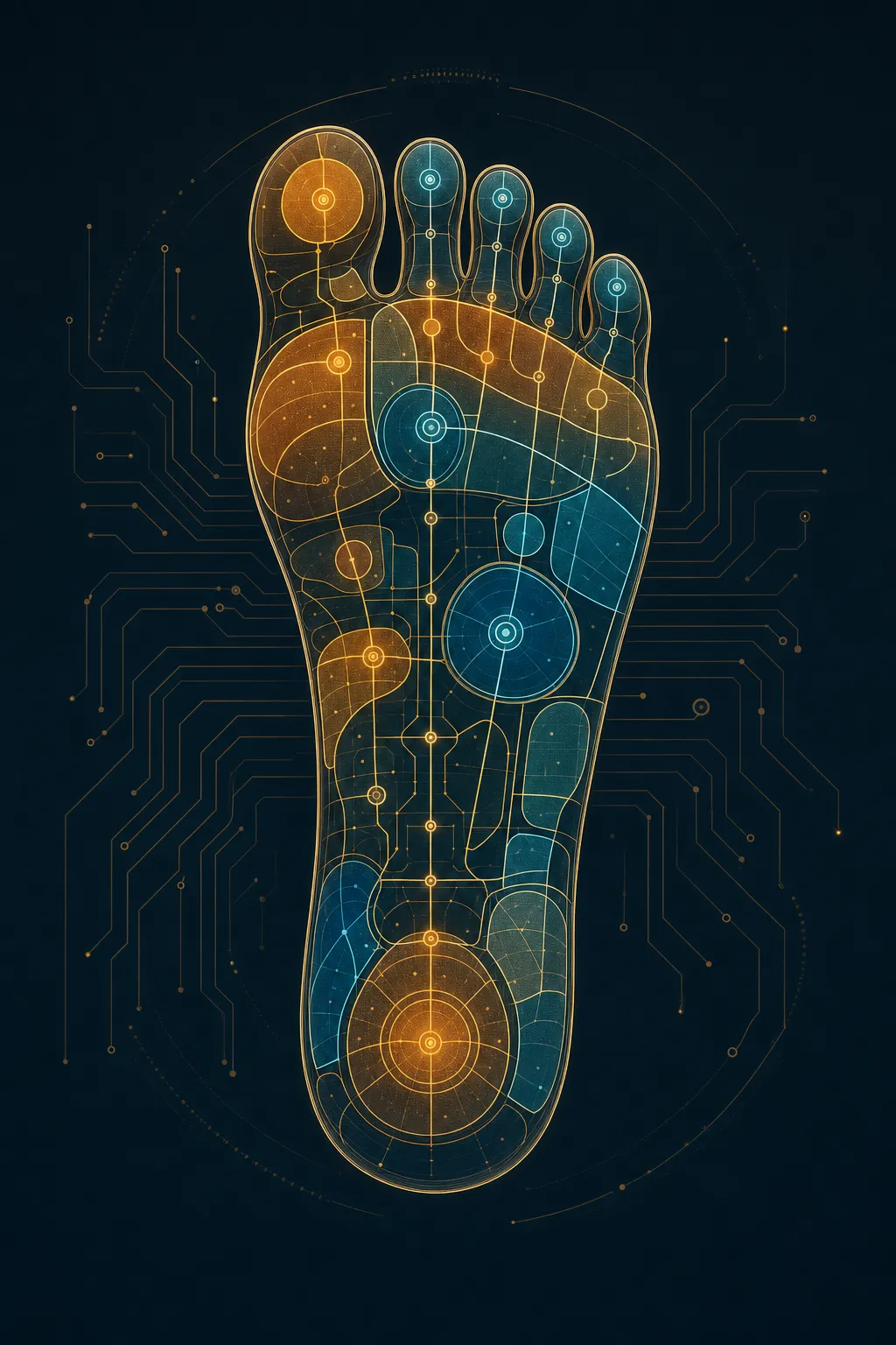 Foot reflexology map illustration with reflex zones rendered as glowing amber and cyan circuit-style regions